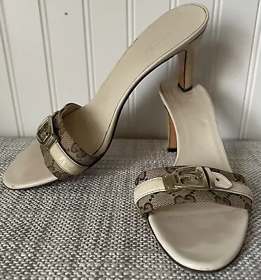 Gucci Off White GG Monogram Hirsebit Mules Slip On Heels Sandal Sz.38 1/2 US 8.5 • $149.99