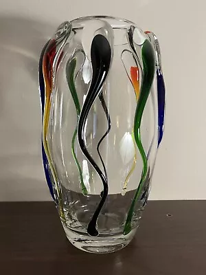 Vintage Murano Venetian Clear Glass Vase With Multicolor Overlays Italy 11 3/4” • $199.99