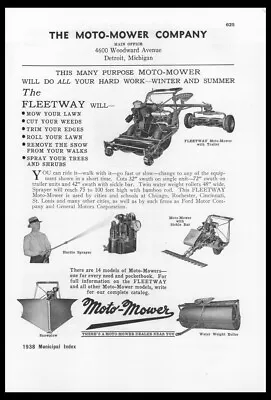 1938 Moto Mower Co Fleetway Snowplow Sickle Bar Detroit MI VTG Trade Print Ad • $14.65