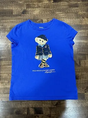 Polo Ralph Lauren Girls Sz M 8-10 Polo Bear Beret Graphic T-shirt Blue • $11.99