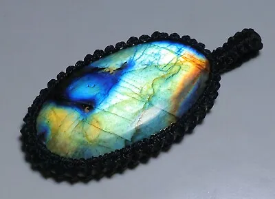 74 Ct Macrame Oval Pendant 100% Natural Multi Fire Labradorite Gemstone Aa-34 • $7.99