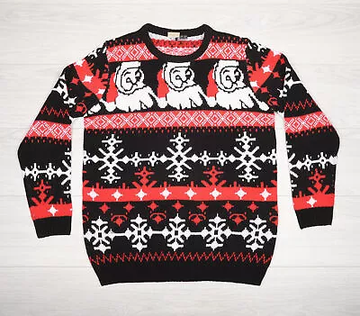 Fair Isle Christmas Jumper Adults LARGE Black Red Novelty Festive Puppy Sweater • £12.95