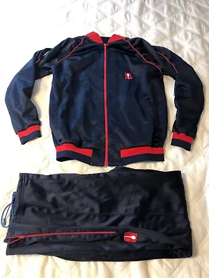 Vintage Bancroft Tennis Warmup Track Jacket Pants Suit Navy Blue Red Medium • $60