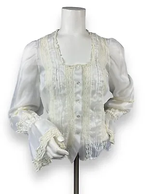 Vtg Edwardian Ivory White Sheer Chiffon Lace Long Sleeve Button Snap Blouse 34”B • £47.20