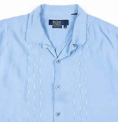 Nat Nast Silk Bowling Shirt Mens 2XL Panel Striped Light Blue Ruffle Loop Collar • $27.96