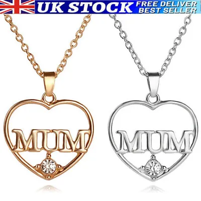 Mum Silver Gold Necklace Crystal Heart Mother's Day Gift Mum Pendant Mummy Gifts • £3.99