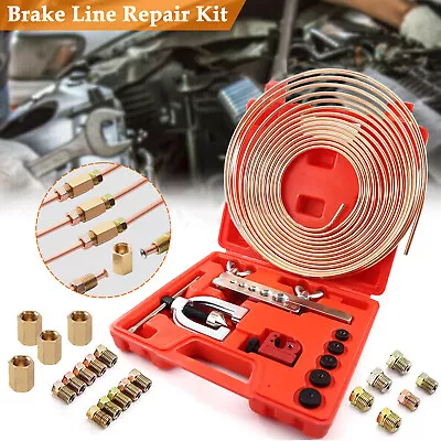 Brake Line Pipe Repair Kit 3/16 25FT Copper Pipe Flaring Tool + 20 Nuts Fittings • $26.99