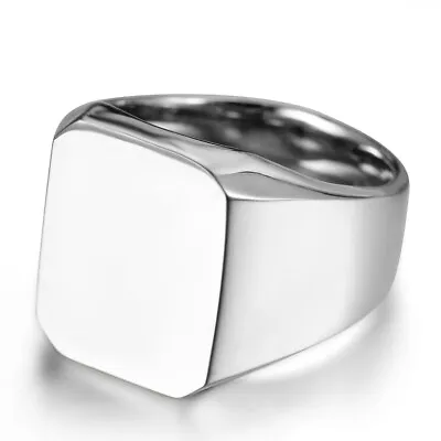 Mens Polished Biker Square Signet Ring Stainless Steel Wedding Band Size 6-15 • $10.99