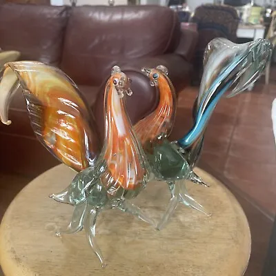 Murano Style Art Glass Hand Blown Rooster Chicken Multi Color Figurines-2 Pieces • $50