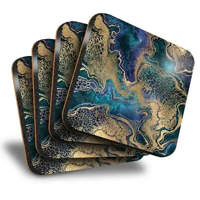 £7.99 • Buy Set Of 4 Square Coasters - Blue Gold Marble Stone Effect  #21256