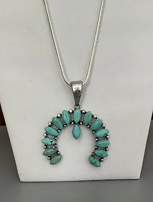 VTG Southwest Crescent Faux Turquoise Pendant Necklace Round Chain 24” Slvr Tone • $6.99