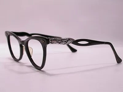 Vintage 1950's Victory Black Aluminium Cat Eye Floral Frames Eyeglasses • $19.99