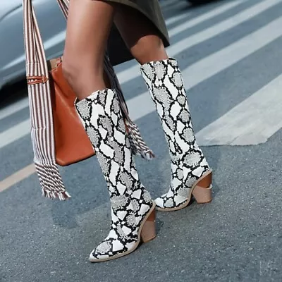 Women Goth Pointed Toe Snakeskin Print Block Heel Knee High Boots Shoes Outdoor • $35.86