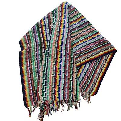 Vintage Retro Crochet Afghan Throw Granny Blanket Handmade Rainbow Lines Scallop • $39.99