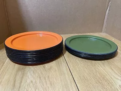 Lot Of 13 Vintage Enamelware 8” Round Plates Orange And Green W/ Black Band • $27