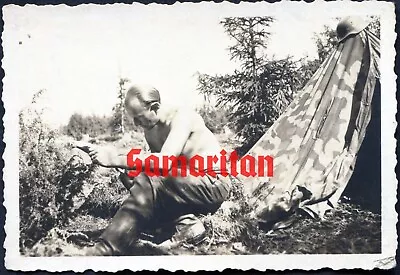 I5/8 Ww2 Original Photo Of German Wehrmacht Soldier Rest Near Zeltbahn Tent • £3.99