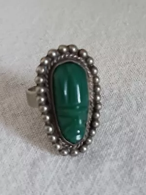 Aztec Maya Silver Green Onyx Jade? Face Ring Size 6 • $39.99