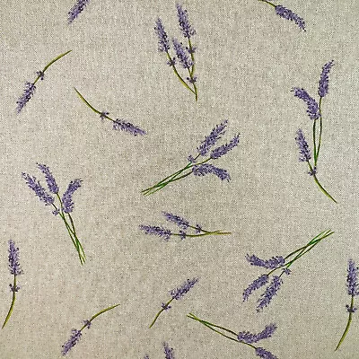 Craft Fabric - Purple Lavender Flower Print On Natural Linen Look Material • £6.50