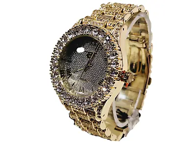Techno Pave Gold Tone Bezel & Silver Face Band Studded  Faux  Diamond Mens Watch • $22.99