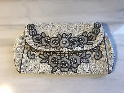 Vintage Beaded Floral Evening Purse Bag Gray White Roses Mirror France French • $15.98