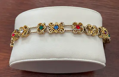 Vintage Gold Tone Rhinestone Slide Charm Bracelet W Safety Chain • $19.99