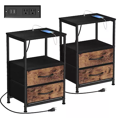 Black Nightstand Set Of 2 With Charging Station Fabric Drawers Bedroom End Table • $69.99