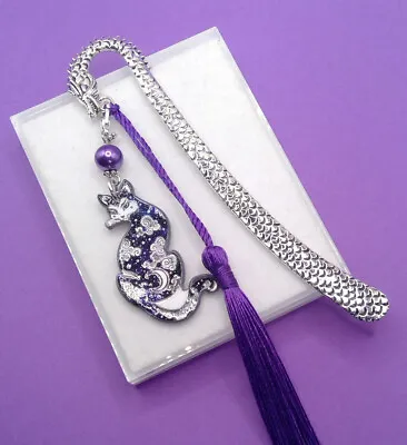 CAT MOON & STARS MAGICAL +TASSEL Metal BOOKMARK *FREEPOST* Gift Box READERS MUM • £6.75