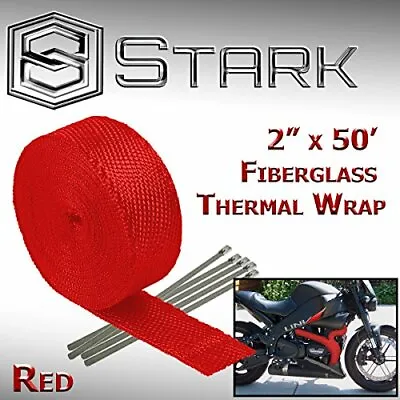 2  X 50FT Exhaust Header Fiberglass Heat Wrap Tape W/ 5 Steel Ties - Red (W) • $24.79