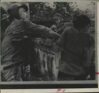 1965 Press Photo Woman Viet Cong Suspect With Arms Tied Held By Soldiers • $19.99