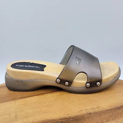 VTG Candies Wedge Sandals Women's 6 Gray Tan Jelly Y2K Wooden Studded Slip On • $15.99