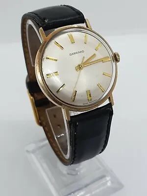 9ct Gold Garrard Mens Wristwatch 1979 - Black Leather Strap • £499.99