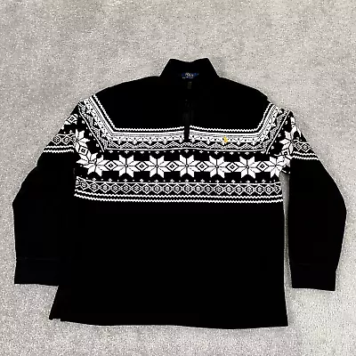 POLO RALPH LAUREN Sweater Mens Large Black White Fair Isle Nordic 1/4 Pullover • $37.99