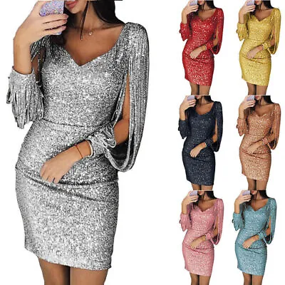 Womens Sexy V Neck Sequin Sparkly Bodycon Dress Slit Sleeve Party Cocktail Mini • £16.79