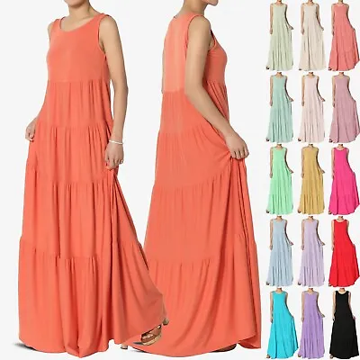 $29.99 • Buy TheMogan S~3X Sleeveless Scoop Neck Tiered Jersey Relaxed Fit Long Maxi Dress