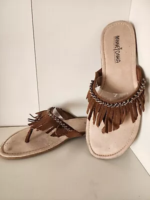 Minnetonka Women's Brown Suede Leather Fringe Thong Flat Sandals Size 8 • $25