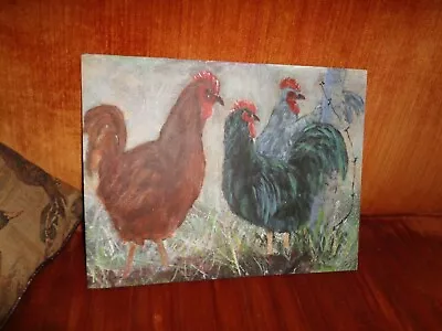 Vintage Rooster & Hens; Signed Oil Painting-farmyard Scene-J.Montani Artist VT • $75