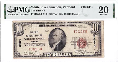 $10 1929 T1 National WHITE RIVER JUNCTION Vermont VT 🇺🇸 PMG 20 Very Fine! 🇺🇸 • $200
