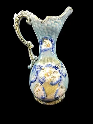 Majolica Ewer Ceramic Floral Pottery Vase/Pitcher Blue French Vintage • $39