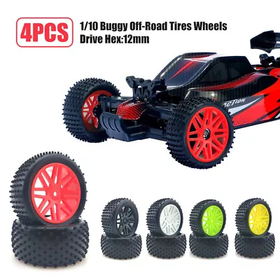 4pcs RC 1/10 Buggy Tires And Wheels 12mm Hex For Tamiya HPI HSP Off Road Car • £17.99