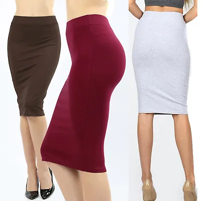 Womens Pencil Skirt Cotton Stretch Elastic Waist High Waisted Knee Length Office • $12.99