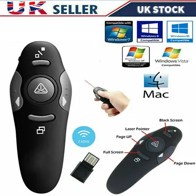 Wireless USB Presenter PowerPoint Laser Pointer Clicker Pen Remote Control Black • £7.69