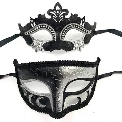 His & Her Couple Lover Masquerade Mask Black & Silver Themed Party Ball Mask  • $17.99