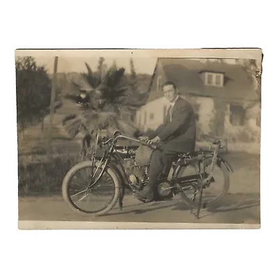 Nice Early Photo Of Man Riding Indian Motorcycle Bike Vintage Trimmed RPPC • $10.50