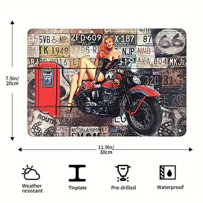 Motorcycle Tin Sign - Motorcycle In Garage  With Pinup Girl 8 X12  • $11.99