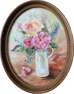 Vtg Floral Paint Oil On Canvas Oval Frame Pink Yellow  Cottage Signed • $40