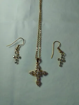 Lovely Vintage Lind 14k Ge & Aurora Like Crystals Cross Necklace & Earrings • $29.99