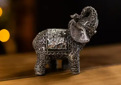 Elephant Home Ornament Silver Mosaic Animal Statue Xmas Gift • £6.99