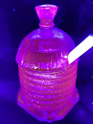 Blue Vaseline Glass Bee Hive Honey Pot Mustard Jar Dipper Uranium Cobalt / Glows • $19.98