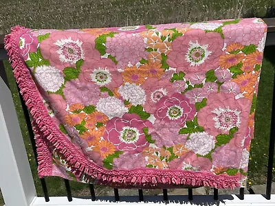 Vtg Bates Floral Fringe Flower Power Bedspread Pink Green Orange TWIN 77” X 104” • $82.99