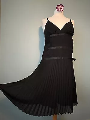 $37.55 • Buy Morgan De Toi Black Dress Size 38 Accordian Pleated Ribbon V Neck Flapper Style
